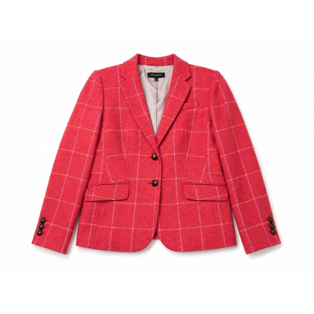 Talbots Wool Blend Blazer Womens 10 Pink Plaid Windowpane Preppy Career Jacket